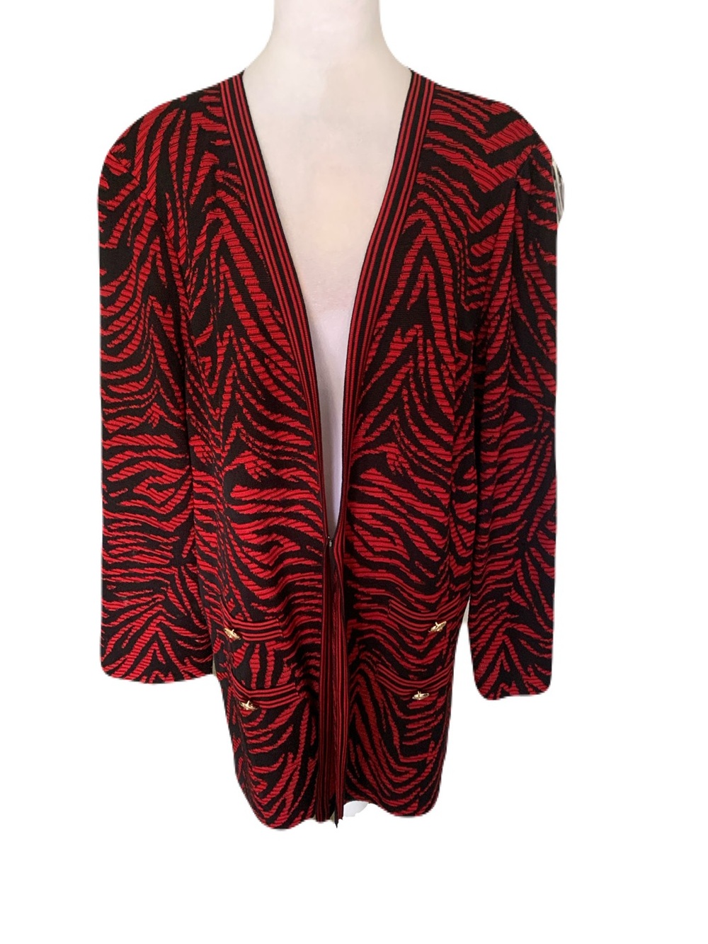 Ming Wang Women’s Plus 2X Red & Black Zebra-Print Knit Cardigan/Jacket Mature